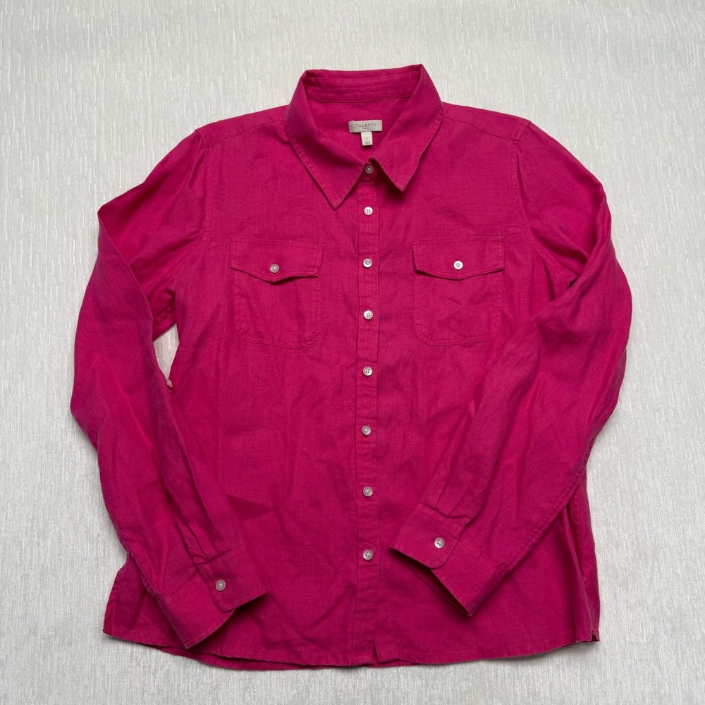 Talbots Linen Button Up Shirt Womens Small Hot Pink Preppy Roll Tab Sleeve